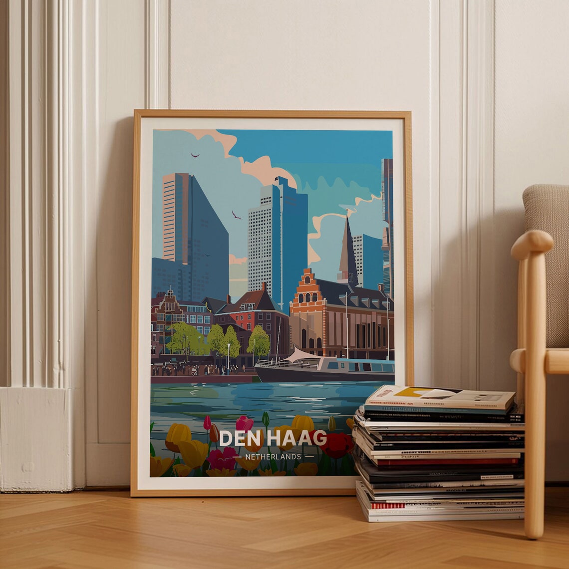 Den Haag Netherlands Modern Skyline Canal Boats Tulips Poster