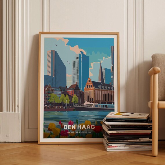 Den Haag Netherlands Modern Skyline Canal Boats Tulips Poster