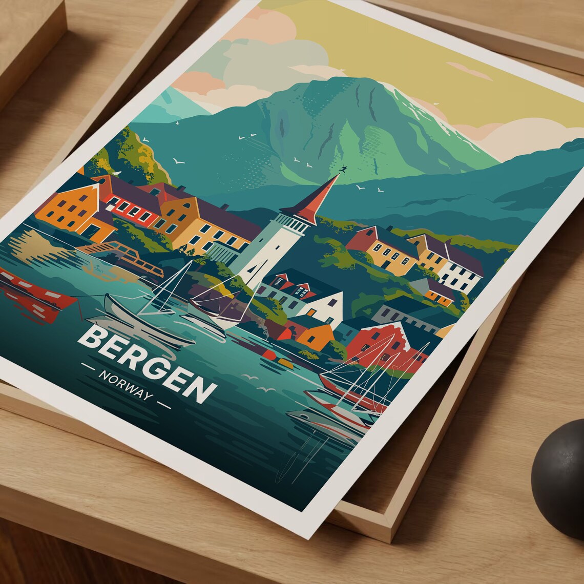 Bergen Norway Travel Poster, Scandinavian Art Print - Image 3