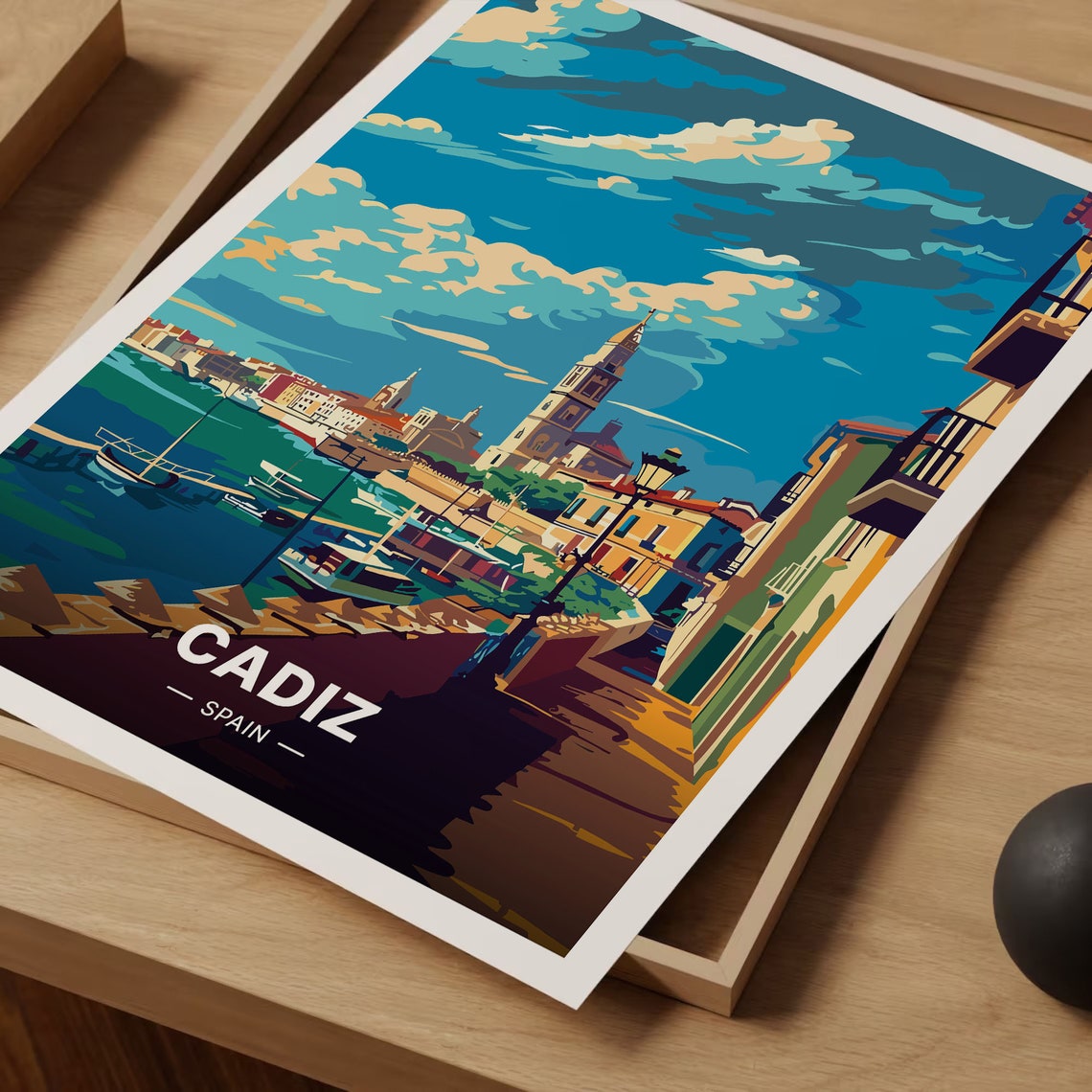Cadiz Spain Harbor Waterfront Bell Tower Coastal Travel Poster - Image 3