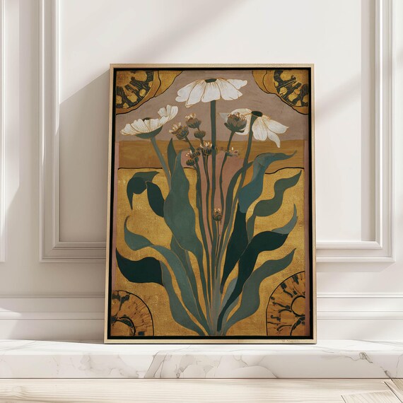 Art Nouveau Daisy Flower Illustration White Gold Vintage Wall Art
