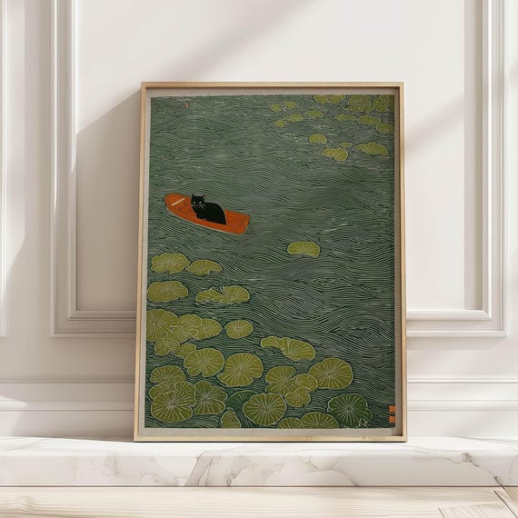 Japandi Black Cat In Boat Vintage Japanese Poster