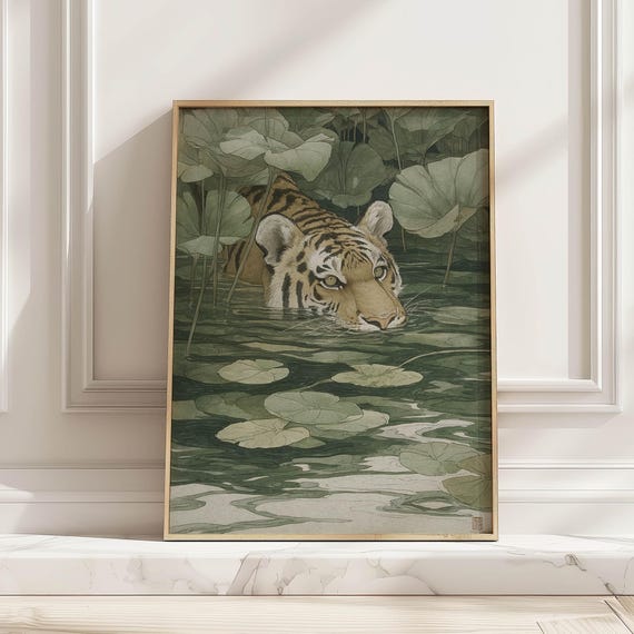 Japanese Swimming Tiger Poster Print, Japandi Decor