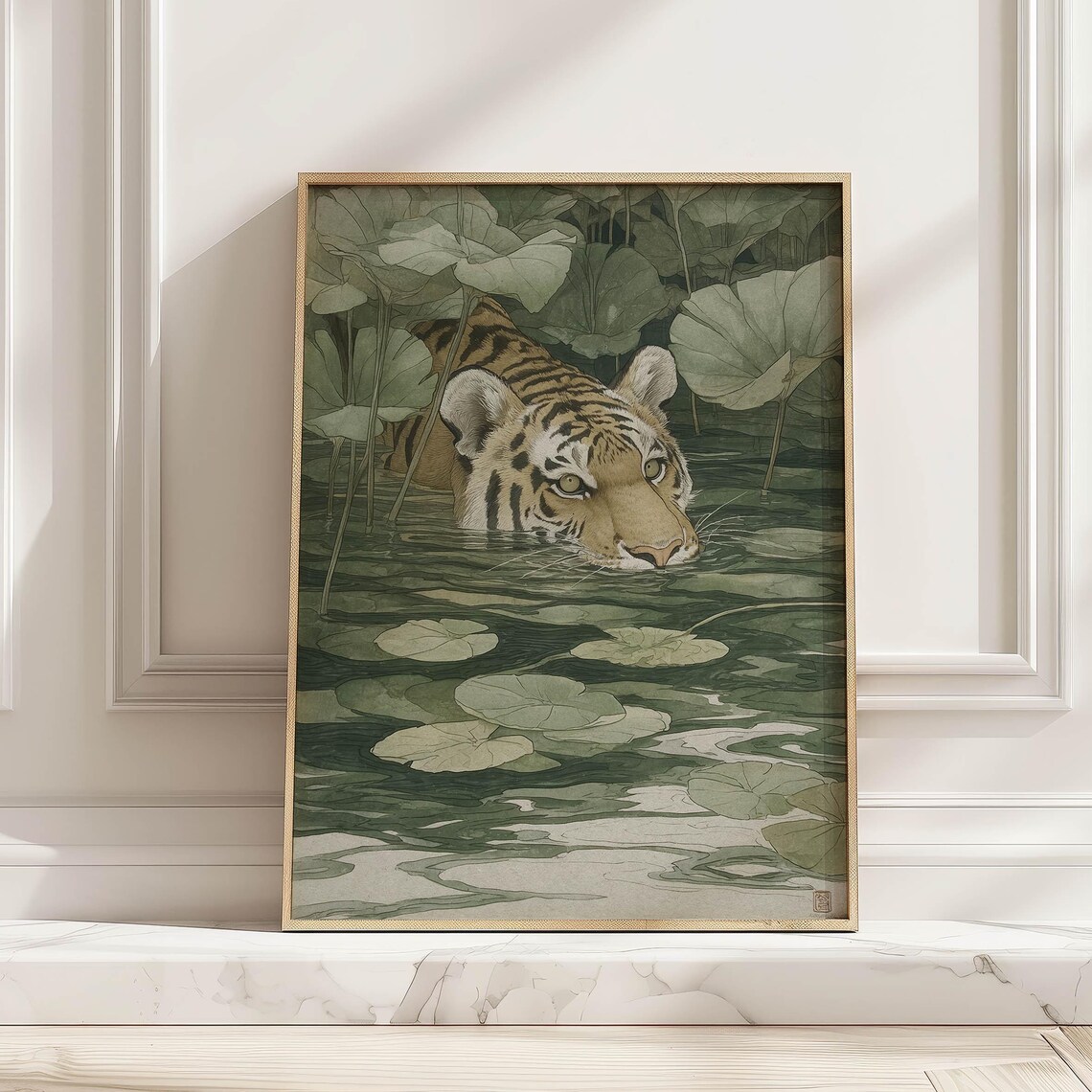 Japanese Swimming Tiger Poster Print, Japandi Decor