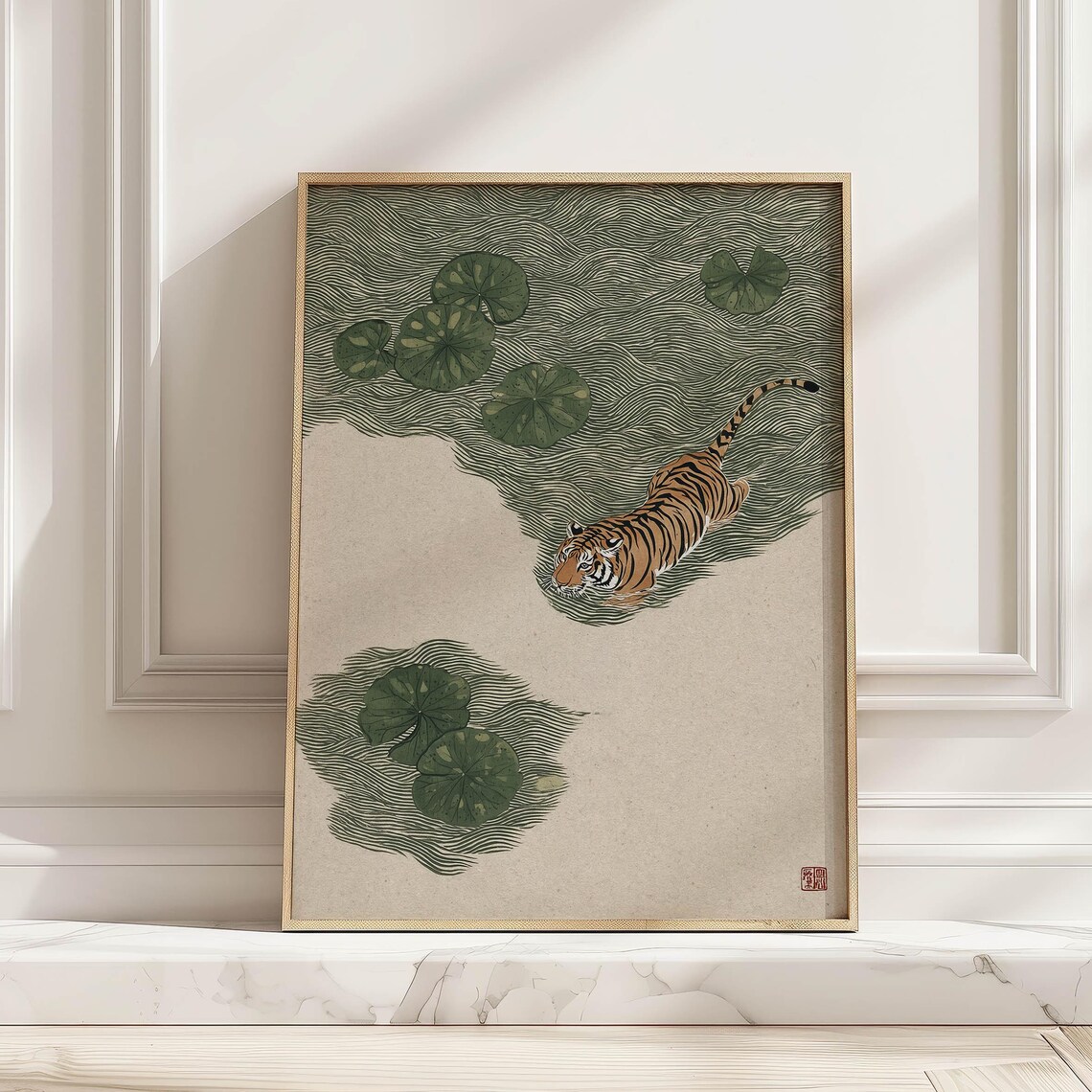 Minimalist Japandi Tiger In Lotus Pond Poster