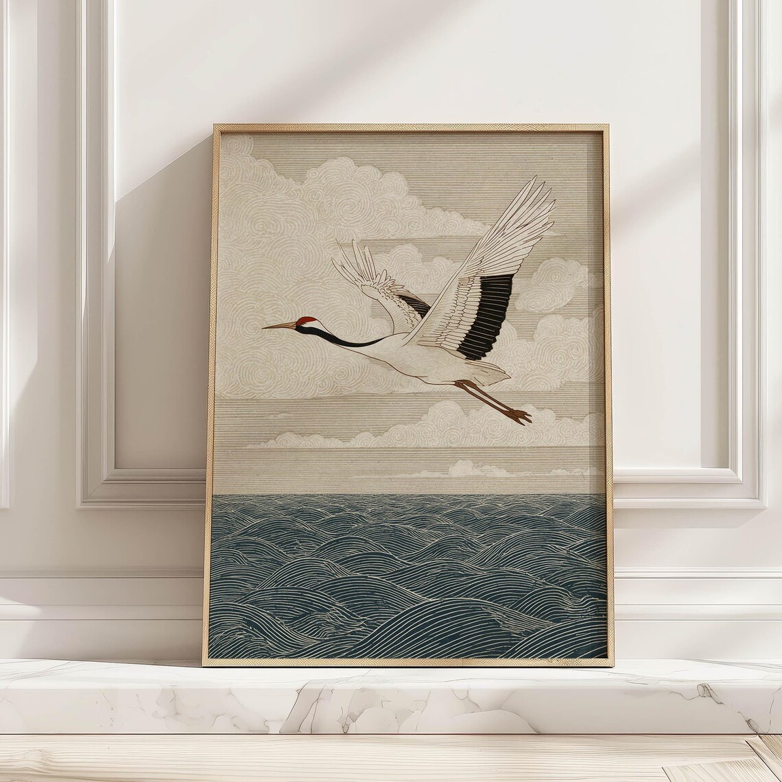 Japanese Crane Over Ocean Waves, Japandi Art Print