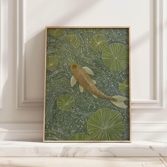 Vintage Green Koi Pond Art Print, Wabi Sabi
