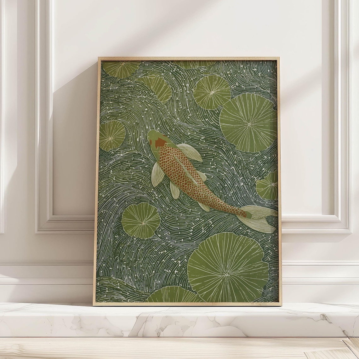 Vintage Green Koi Pond Art Print, Wabi Sabi