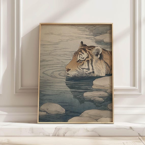 Vintage Japandi Tiger In Water Poster Print