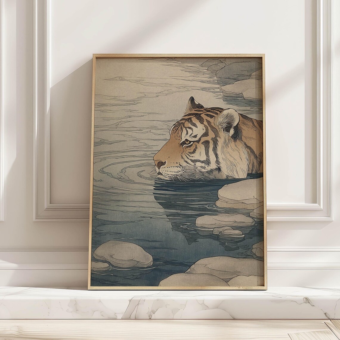 Vintage Japandi Tiger In Water Poster Print