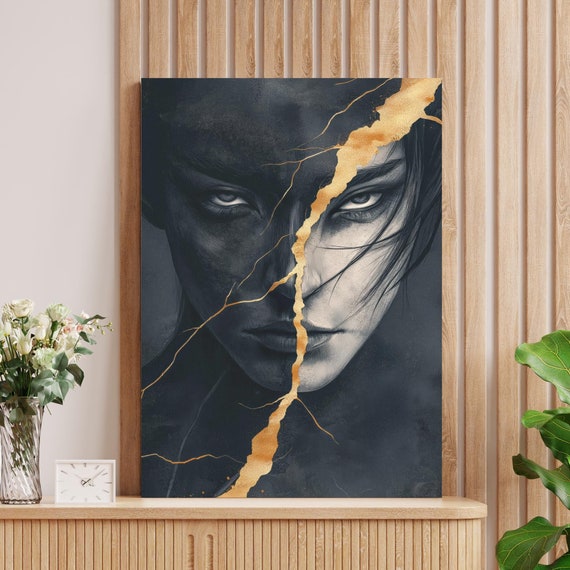 Kintsugi Wall Art Monochrome Portrait Art With Black And Gold Moody Wall Decor Fantasy Art Print Bold Contemporary Wall Print
