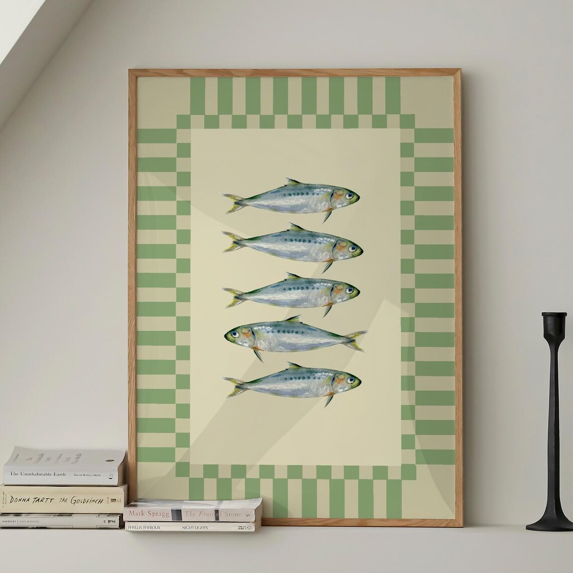 Vintage Sardines Fish Blue Green Stripe Trendy Kitchen Wall Art Retro Modern Food Home Decor