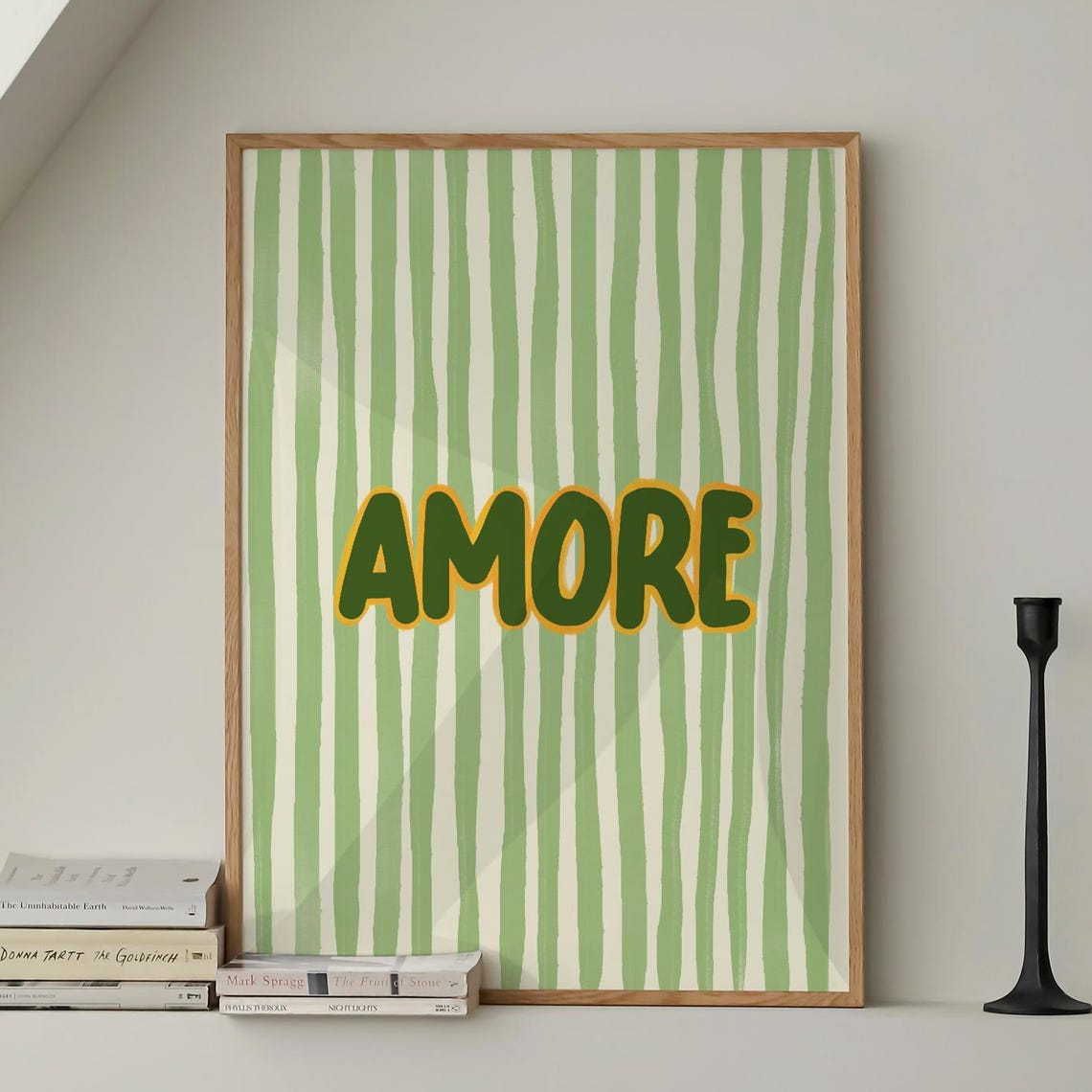 Amore Love Quote Poster Green Striped Background Retro Bubble Letters