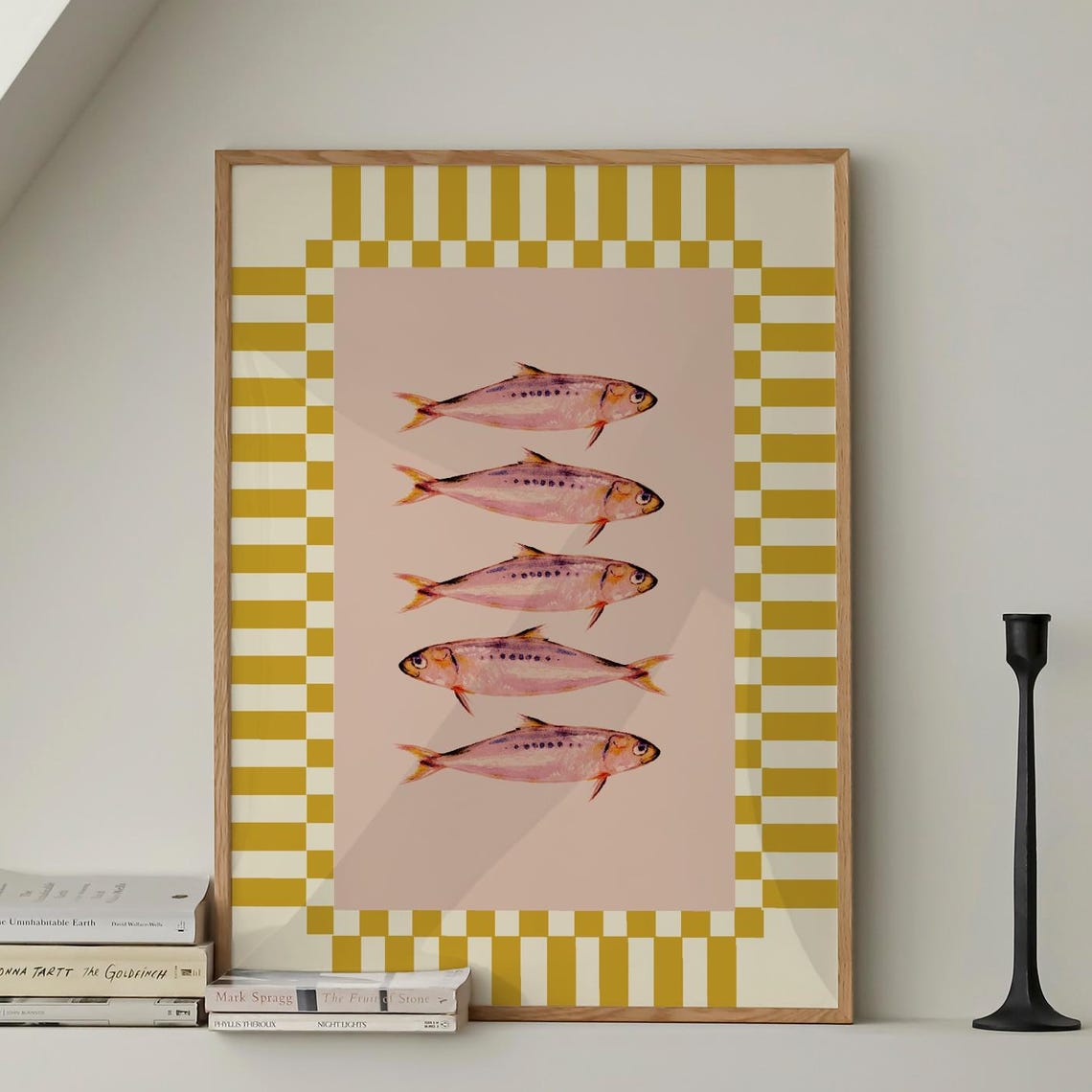 Retro Sardines Kitchen Yellow Cream Checkered Border Poster Decor
