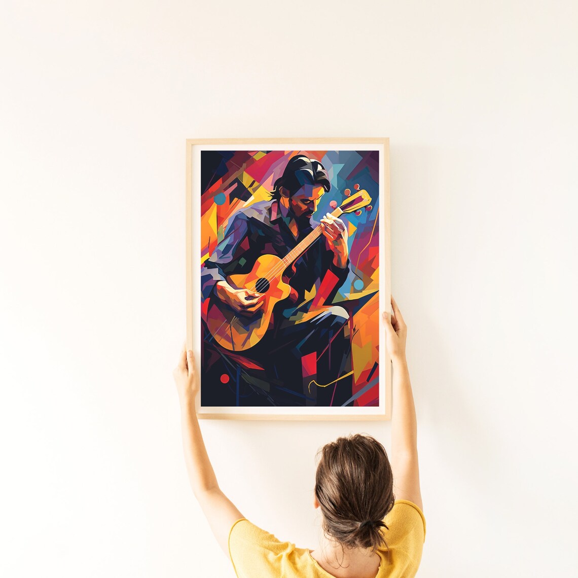 Colorful Geometric Guitar Player Faceted Abstract Music Art Poster