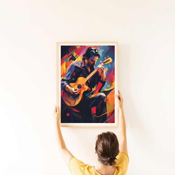 Abstract Man Playing Electronic Guitar Wall Art Poster Colorful