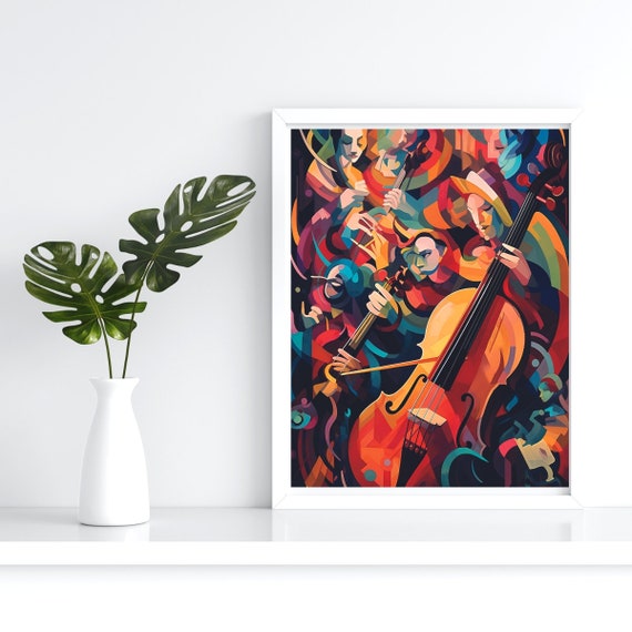 Abstract Group Of People Playing Instruments Musical Instrument Room Decor Wall Art Illustration