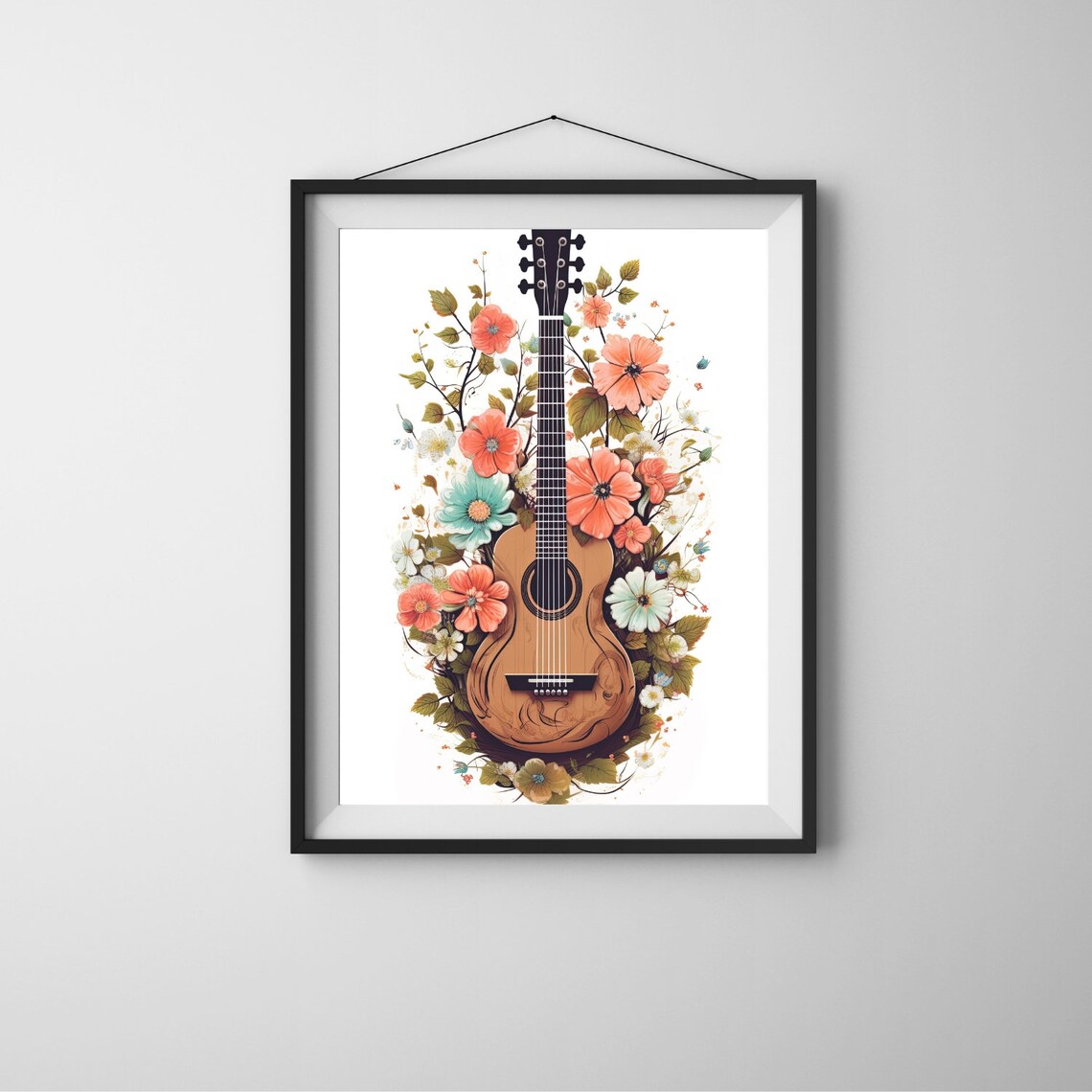 Guitar Flower Painting, Watercolor Floral Art Print
