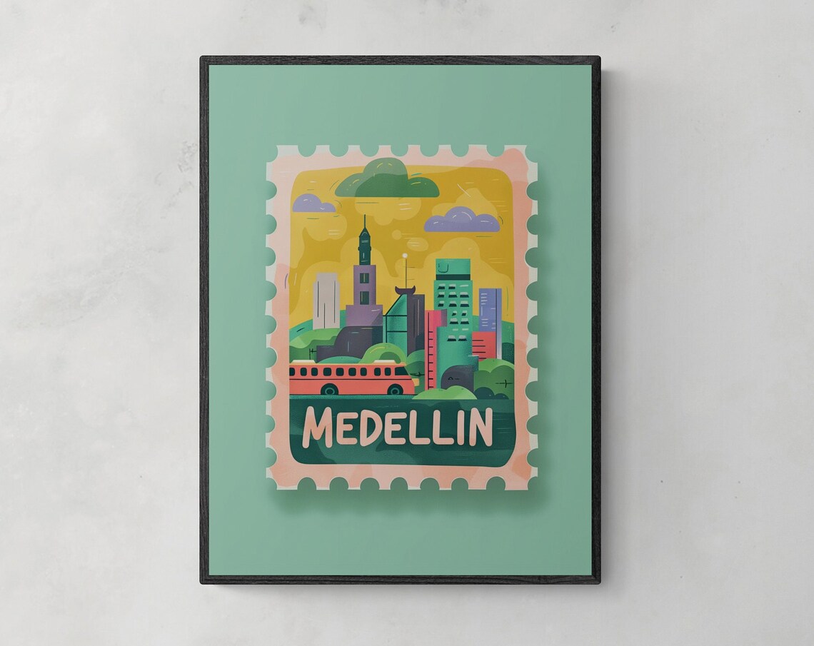Medellin Colombia Skyline Red Bus Vintage Travel Stamp Poster