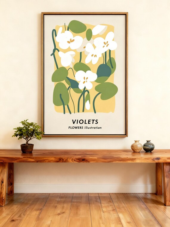 Violets White Flowers Minimalist Botanical Floral Illustration Poster