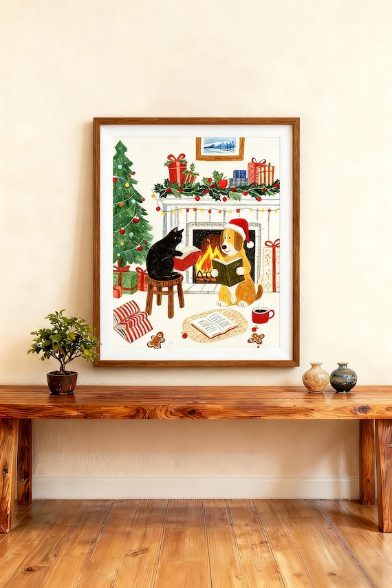 Christmas Cat And Dog Reading By Fireplace Cozy Holiday Decor Poster