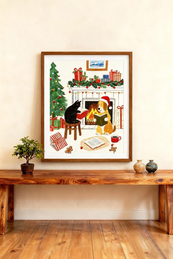 Christmas Dog And Cat Wall Art Print Cozy Holiday Fireplace Poster Cute Pet Decor Festive Animal Illustration