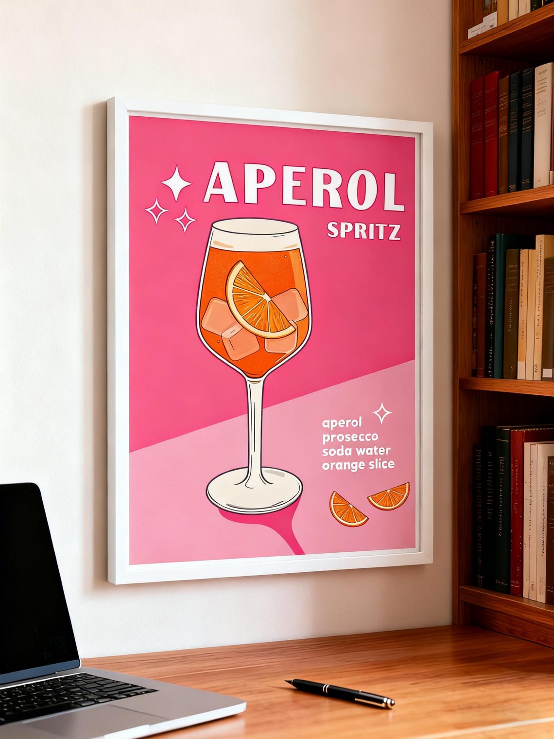 Aperol Spritz Cocktail Recipe Retro Pink Bar Illustration Poster