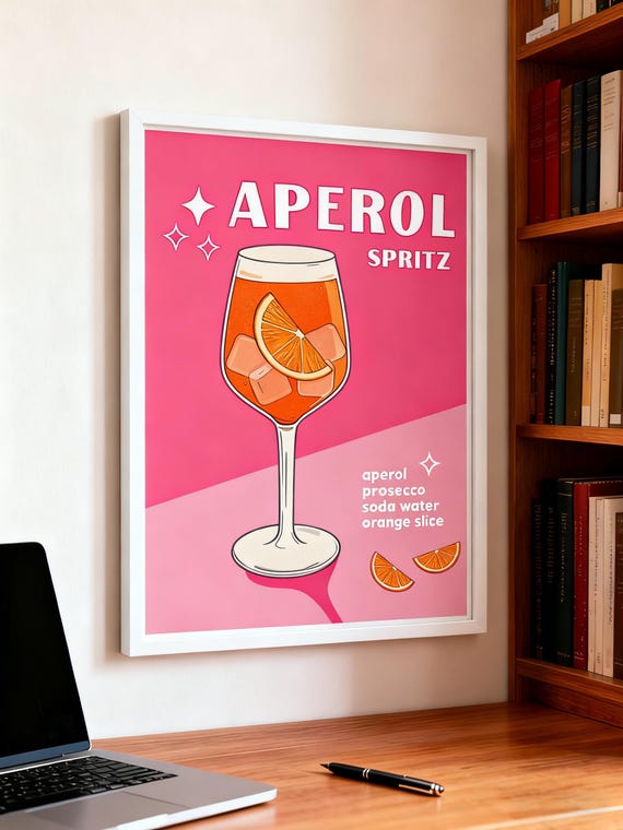 Aperol Spritz Cocktail Recipe Retro Pink Bar Illustration Poster