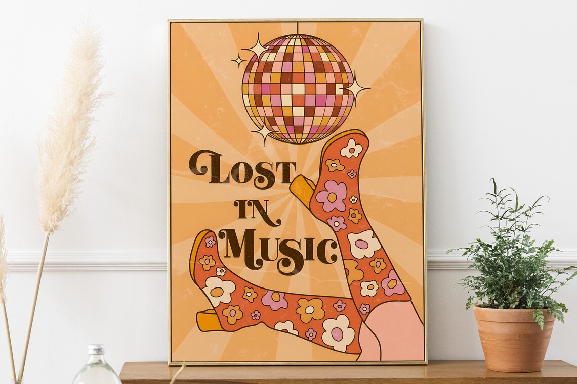 Lost in Music Retro Disco Ball Groovy Seventies Party Poster Art