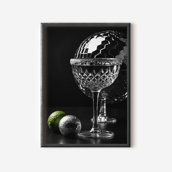 Disco Ball Tequila Coupe Glass Black and White Bar Cart Poster