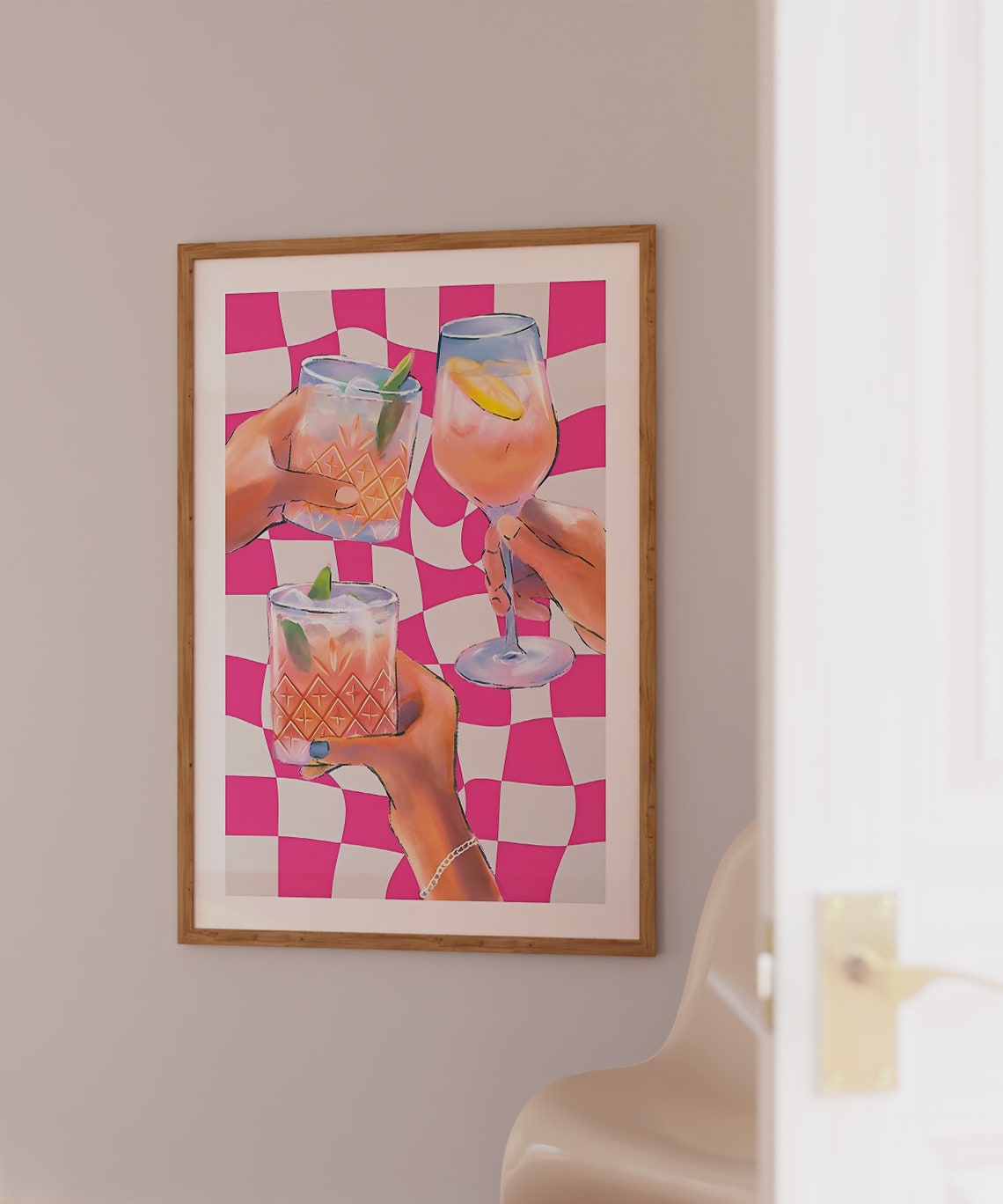 Pink Cocktail Cheers Toast Wavy Checkerboard Bar Cart Poster