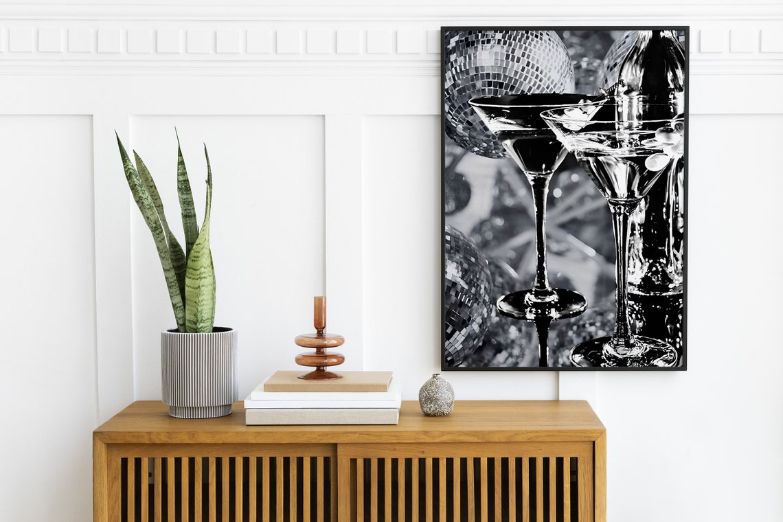 Black White Martini Glasses Disco Balls Bar Cart Photo Poster - Image 2