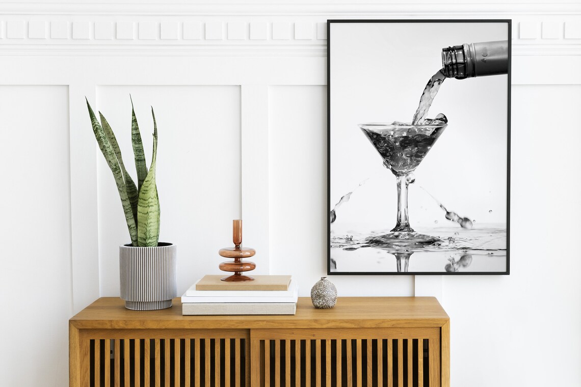 Vodka Splash Pouring into Martini Glass Black White Photo Poster - Image 2