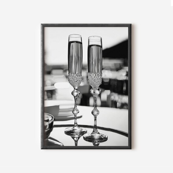 Champagne Flutes Black and White Crystal Toast Bar Cart Poster