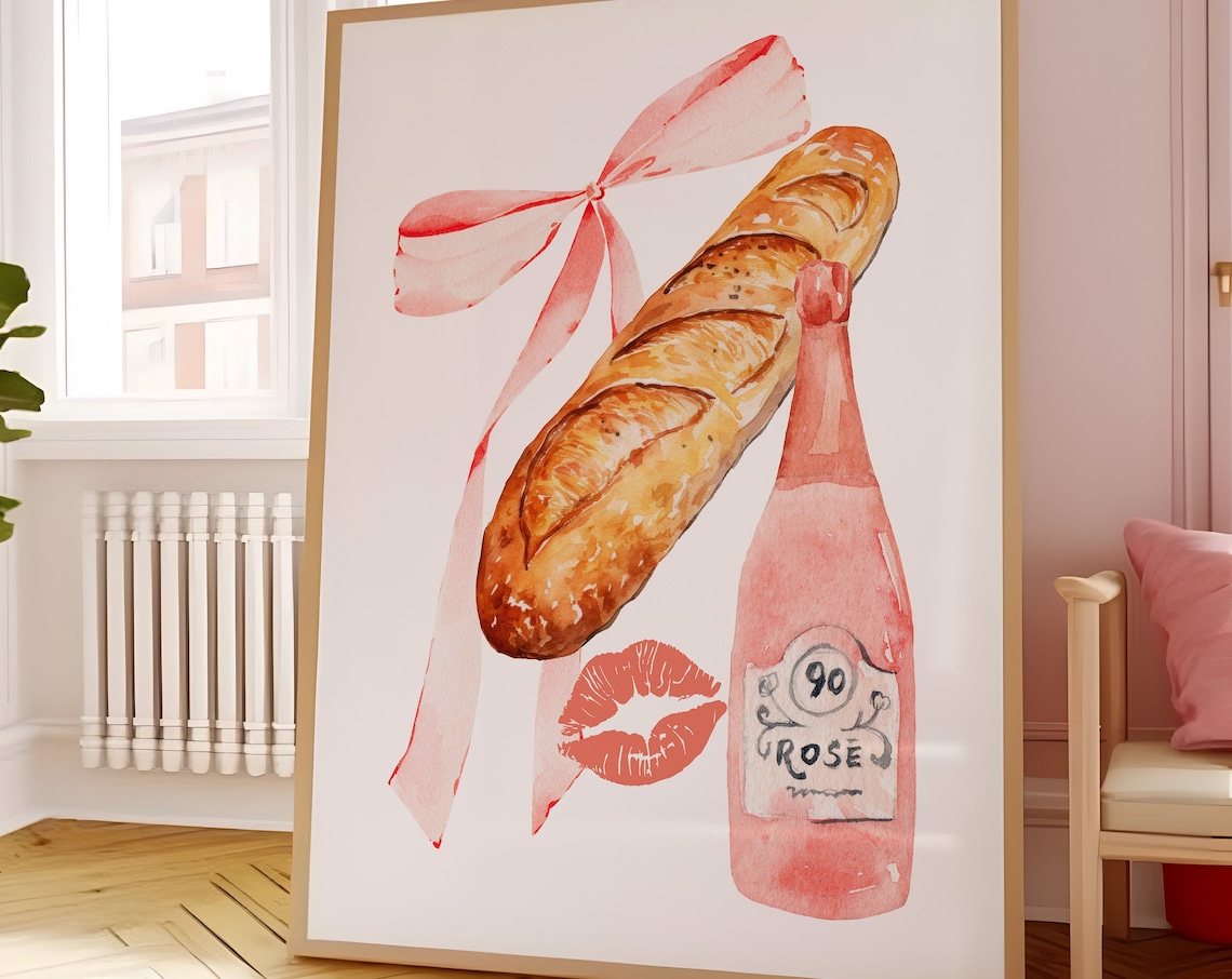 Baguette and Rose Watercolor French Kitchen Illustration Poster