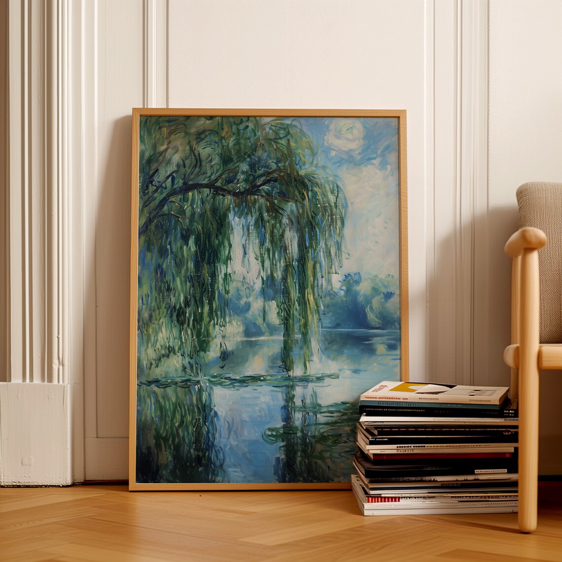 Weeping Willow Tree Over Blue Water With Reflections Impressionist Poster - Image 2