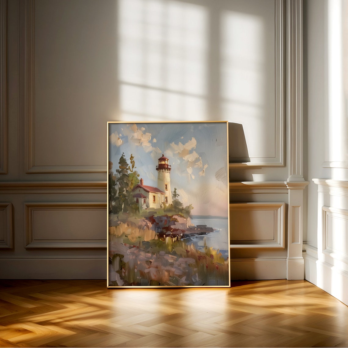 Coastal Lighthouse On Rocky Cliff Sunset Seascape Painting Poster - Image 2