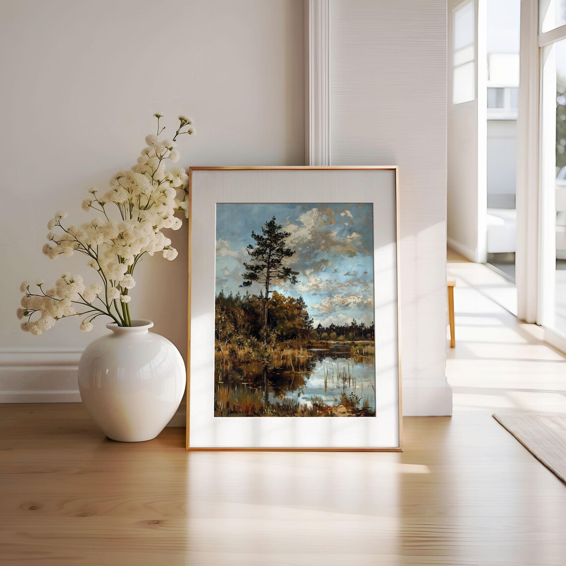 Rustic Pine Tree By Lake, Impressionist Autumn Landscape
