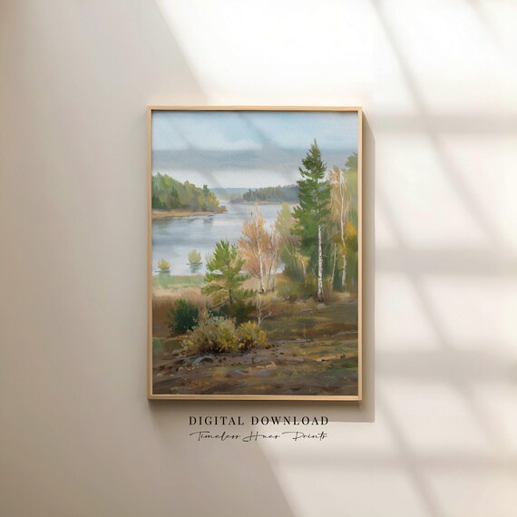 Autumn Lake Birch Trees Impressionist Fall Landscape Painting Poster