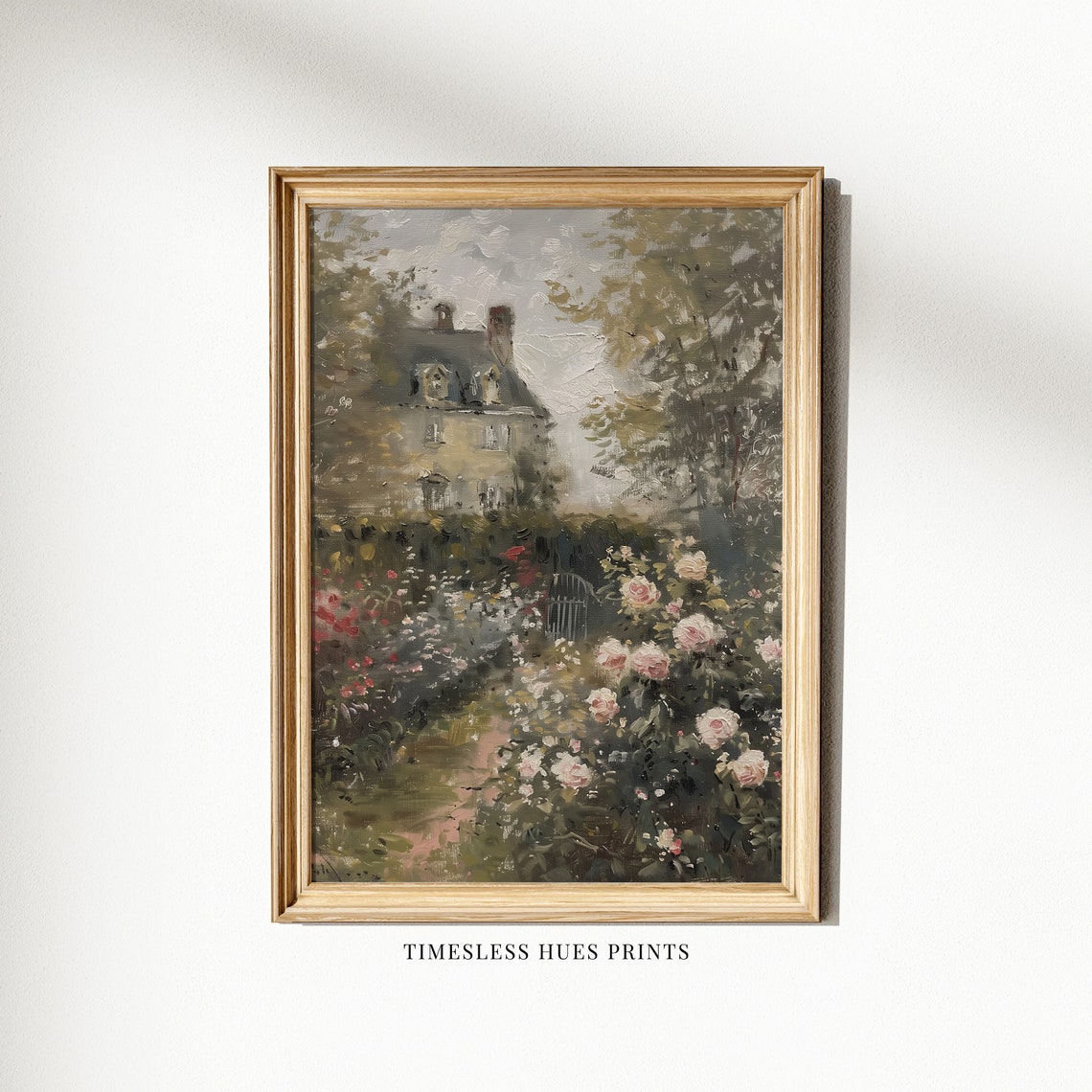 Cottage Oil Painting Rose Garden Wall Art Farmhouse Decor Vintage Garden Landscape Cottage Landscape Print Art