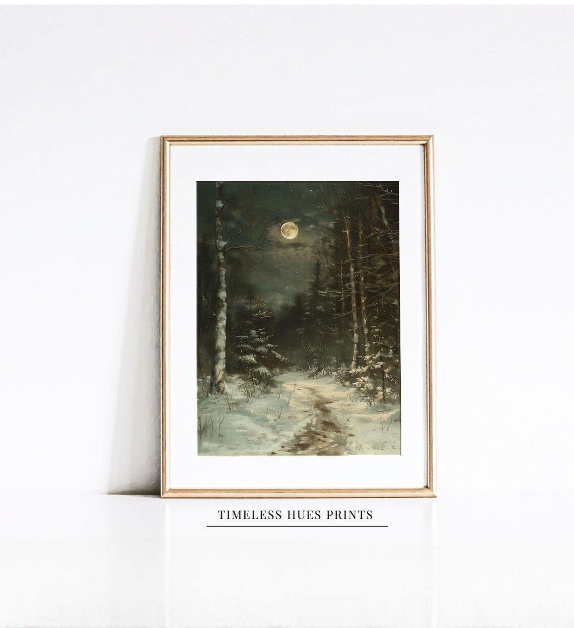 Snowy Winter Forest Path under Full Moon Moonlit Night Scene Poster