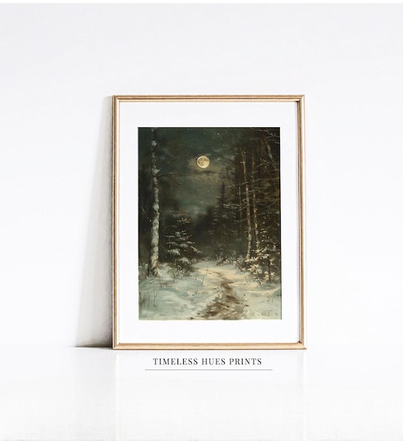 Snowy Winter Forest Path Print Art Winter Moonlit Night Print Starry Night Winter Landscape Art Christmas Art