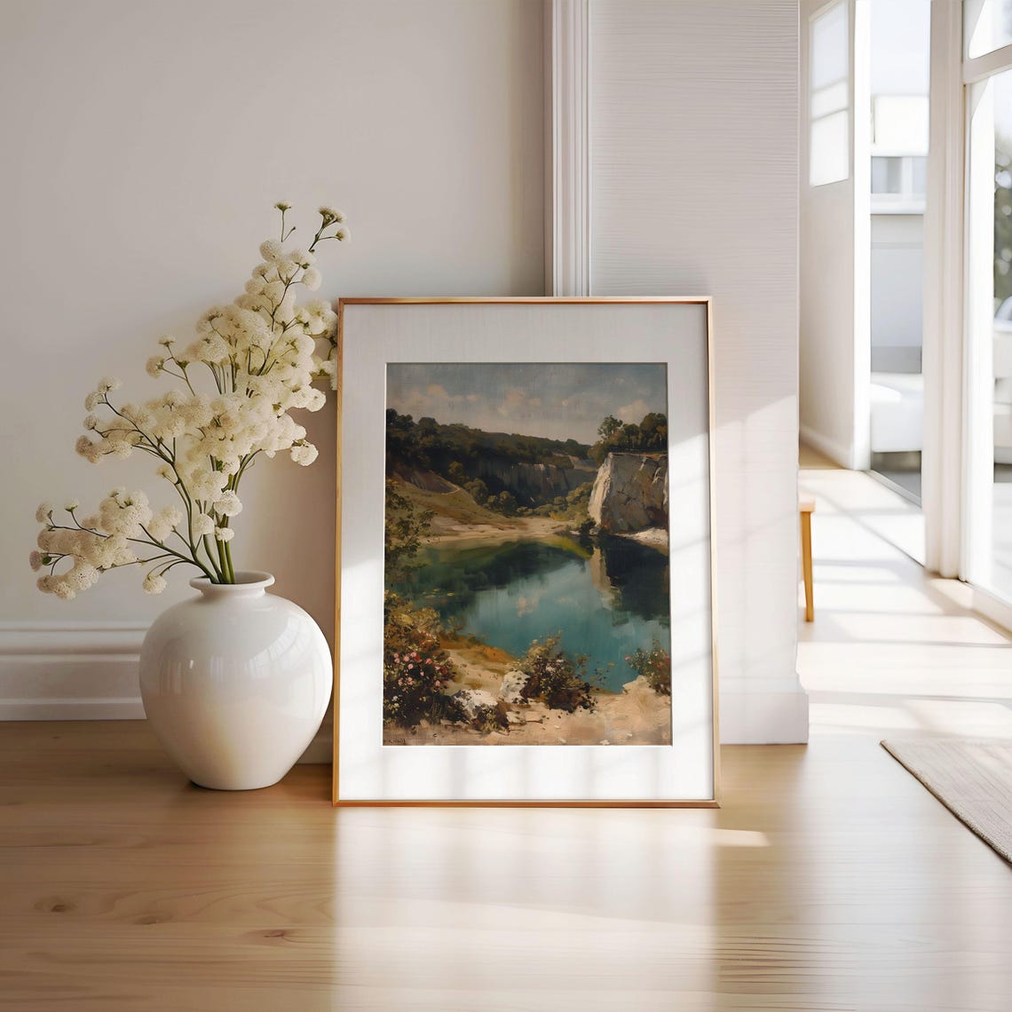 Turquoise Quarry Lake Surrounded by Rock Cliffs Textured Oil Poster - Image 3