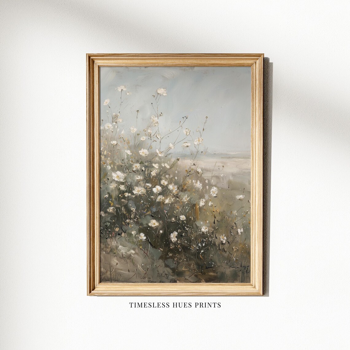 Foggy Coastal Dunes with White Wildflowers Soft Muted Vintage Poster