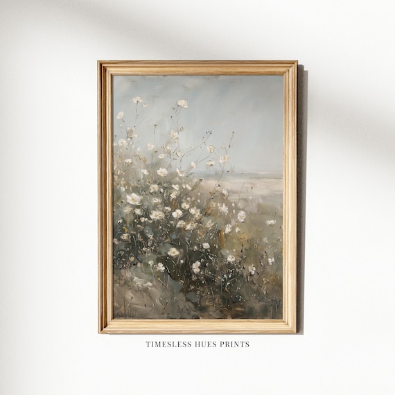 Foggy Coastal Dunes with White Wildflowers Soft Muted Vintage Poster