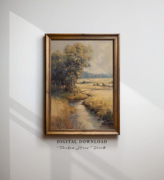 Country Stream Painting Golden Hour Landscape Art Pastoral Countryside Print Rustic Nature Wall Rural