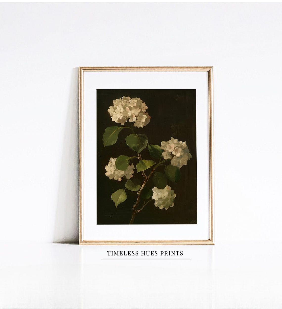 White Hydrangea Branch Dark Moody Botanical Floral Painting Poster