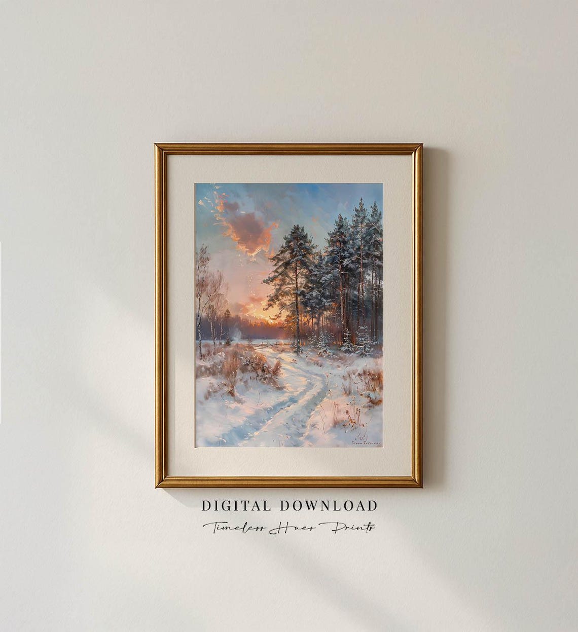 Winter Sunset Snowy Forest Path Golden Light Vintage Wall Art