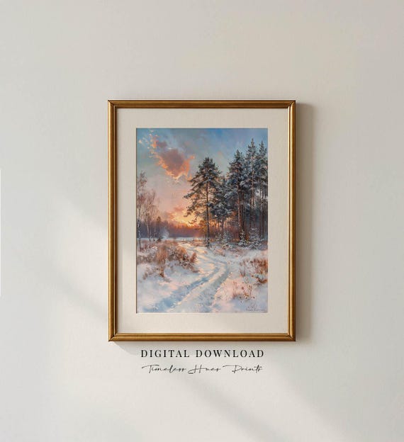 Winter Sunset Painting Snowy Forest Landscape Art Nature Wall Moody Print Rustic Home Decor