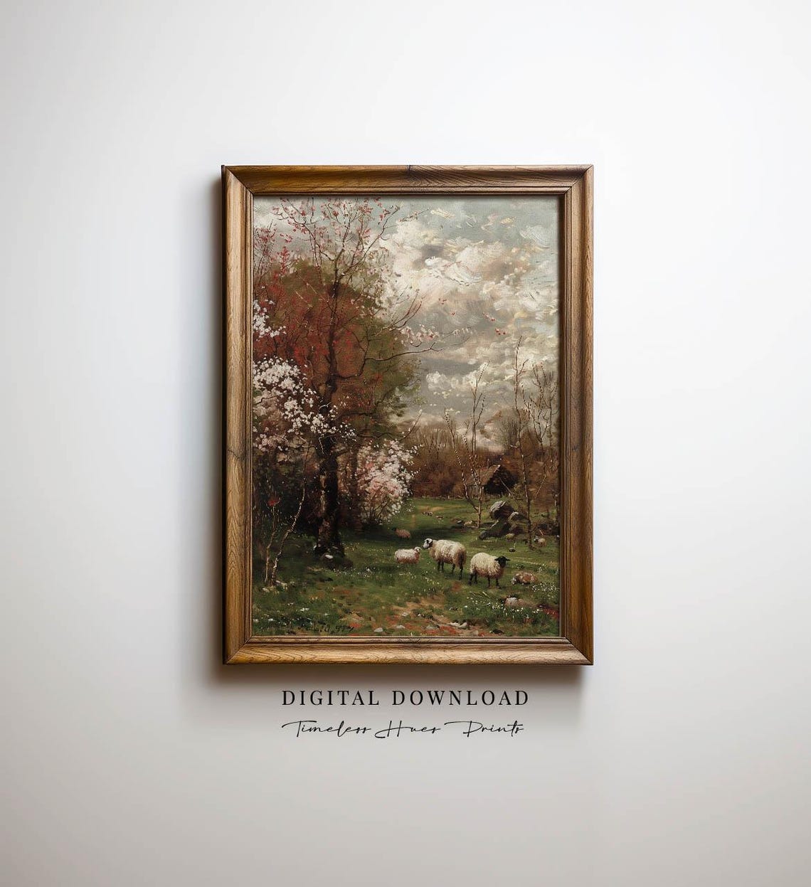 Pastoral Sheep Meadow Blooming Trees Vintage Countryside Art Print